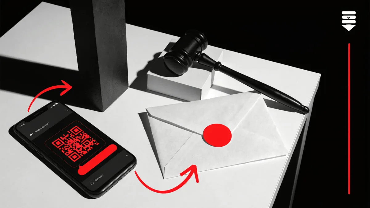 Смартфон с открытым QR-кодом и кнопкой оплаты рядом с конвертом с красной печатью и судейским молотком